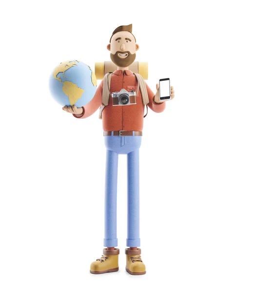 Personnage de bande dessinée touristique se dresse avec un grand pointeur de carte et le globe. Illustration 3D. Concept de voyage . — Photo