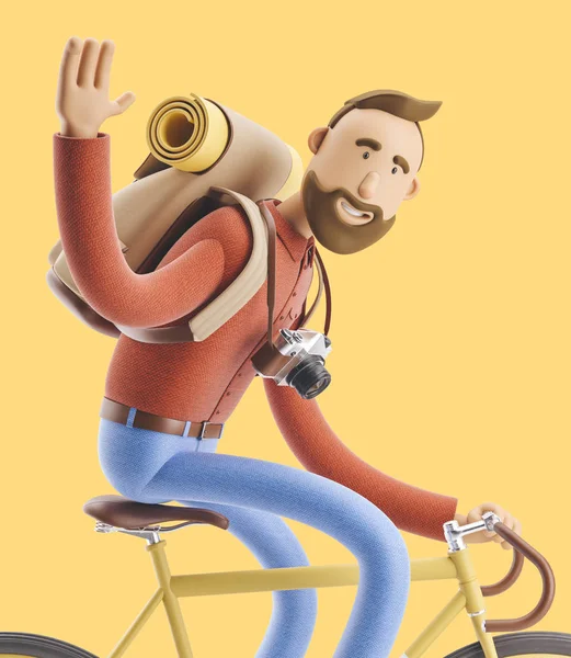 Tecknad karaktär turist resa på cykel. 3D illustration. — Stockfoto