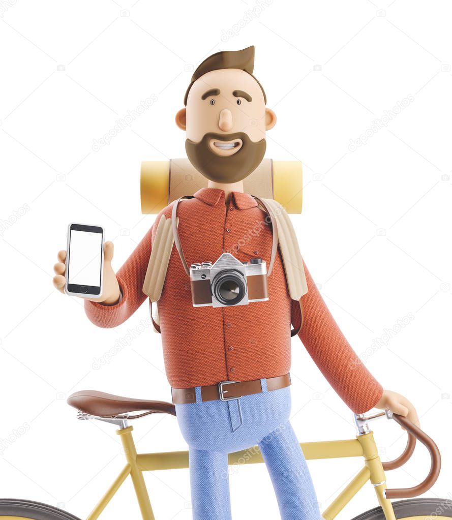 Cartoon character tourist stands with a phone in his hands and bicycle . 3d illustration.