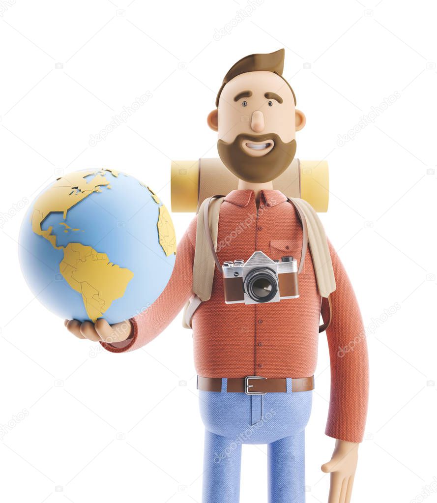 Cartoon character tourist stands with a large map pointer and globe. 3d illustration. Concept of traveling.