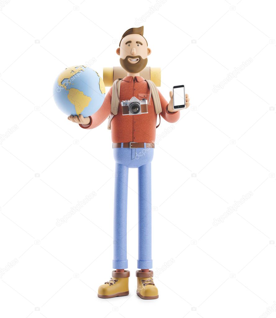 Cartoon character tourist stands with a large map pointer and globe. 3d illustration. Concept of traveling.