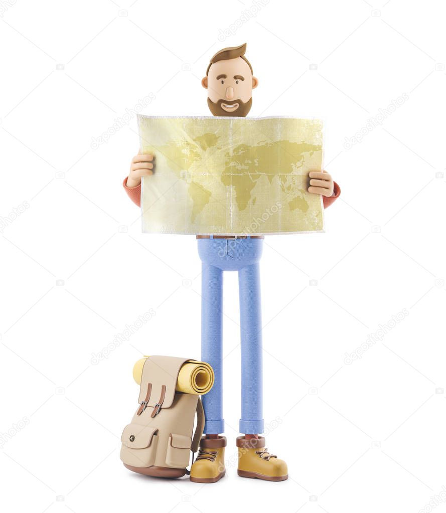 3d illustration. Cartoon character tourist holds world map in hands.