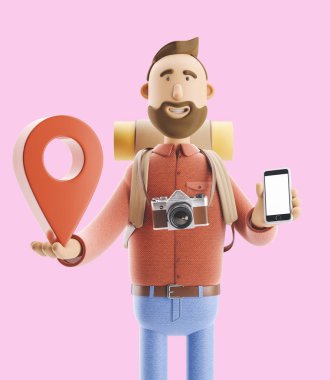 Çizgi film karakteri turistik bir büyük harita işaretçi ve onun elinde telefon ile duruyor. 3D çizim.