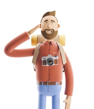 Çizgi film karakteri turist selamlıyor. 3D çizim.