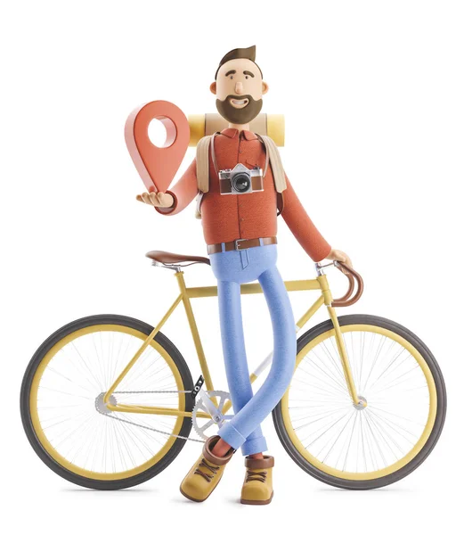 Cartoonfigur steht mit einem großen Kartenzeiger in der Hand und Fahrrad. 3D-Illustration. — Stockfoto