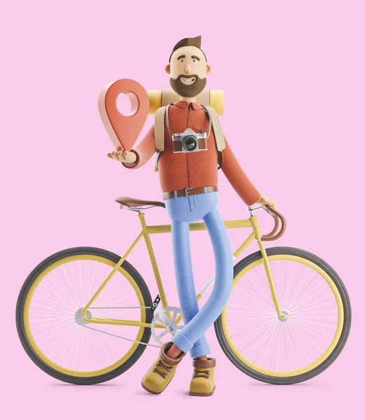 Personagem dos desenhos animados turista fica com um grande ponteiro do mapa em suas mãos e bicicleta. ilustração 3d . — Fotografia de Stock