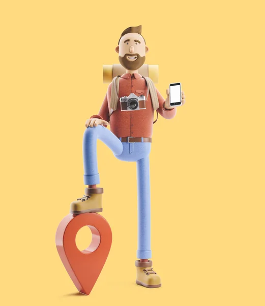 Cartoon character tourist stands with a large map pointer and phone in his hands. 3d illustration.