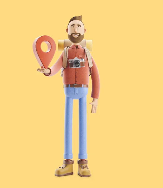 Cartoon character tourist stands with a large map pointer in his hands. 3d illustration.