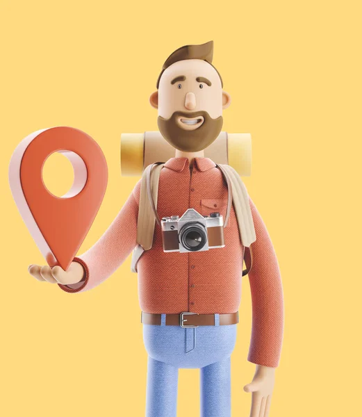 Tecknad karaktär turist står med en stor karta pekare i hans händer. 3D illustration. — Stockfoto