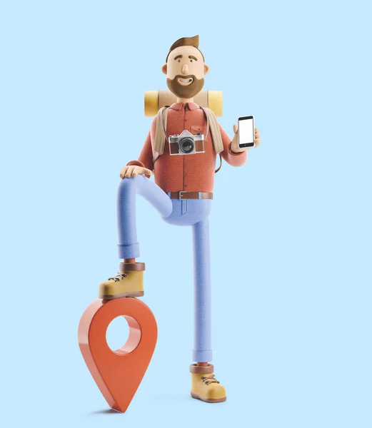 Personaje de dibujos animados turista se encuentra con un gran mapa puntero y teléfono en sus manos. ilustración 3d . — Foto de Stock