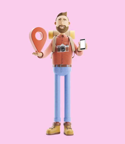 Touriste personnage de bande dessinée se tient avec un grand pointeur de carte et téléphone dans ses mains. Illustration 3d . — Photo