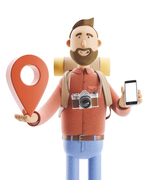 Tecknad karaktär turist står med en stor karta pekaren och telefon i hans händer. 3D illustration. — Stockfoto