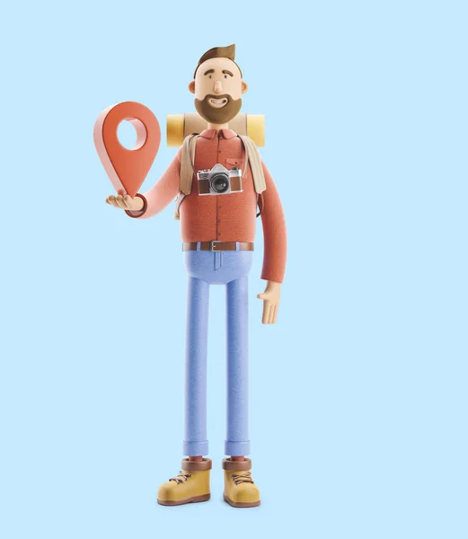 Cartoon character tourist stands with a large map pointer in his hands. 3d illustration.