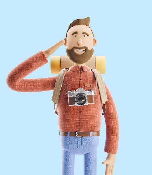 Personaggio dei cartoni animati saluti turistici. Illustrazione 3d . — Foto Stock