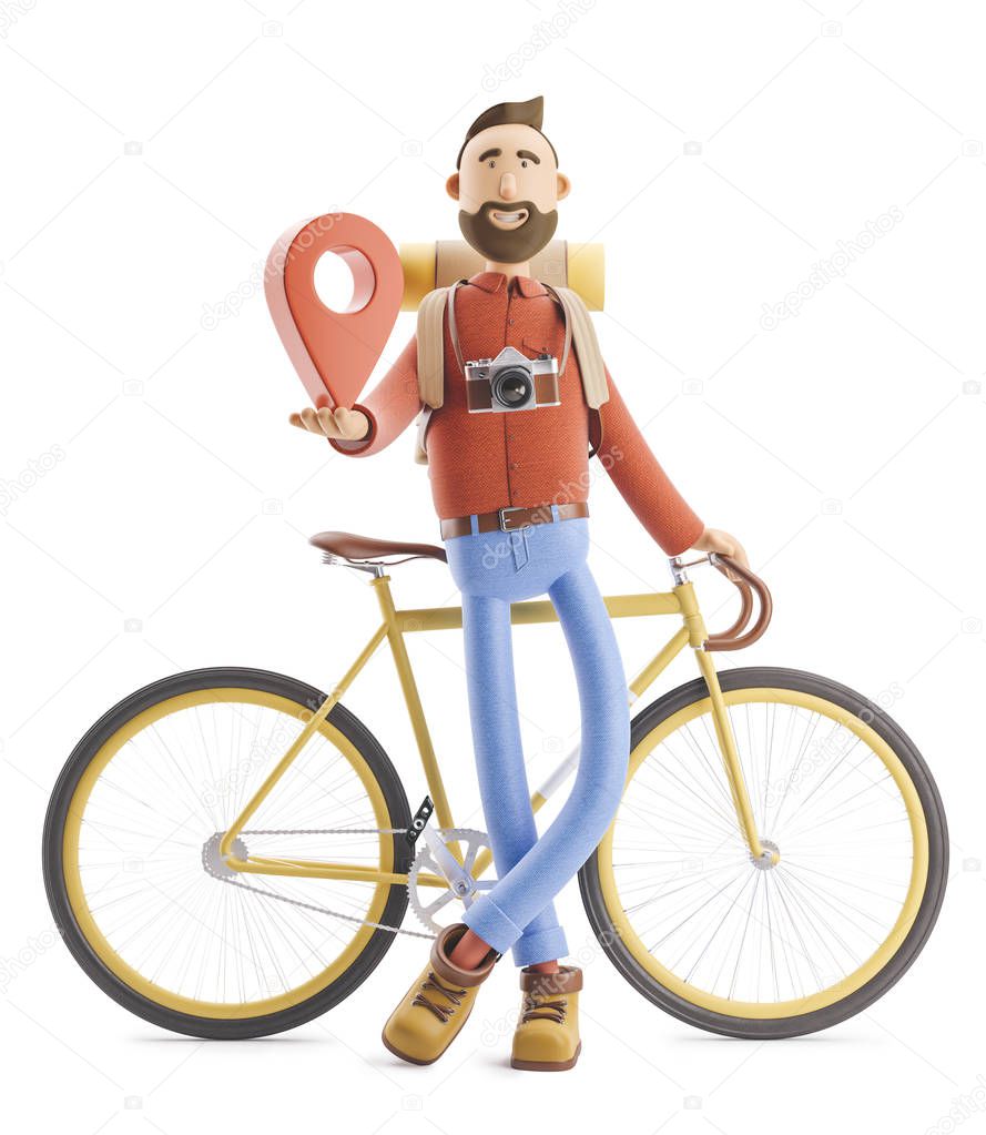 Cartoon character tourist stands with a large map pointer in his hands and bicycle . 3d illustration.