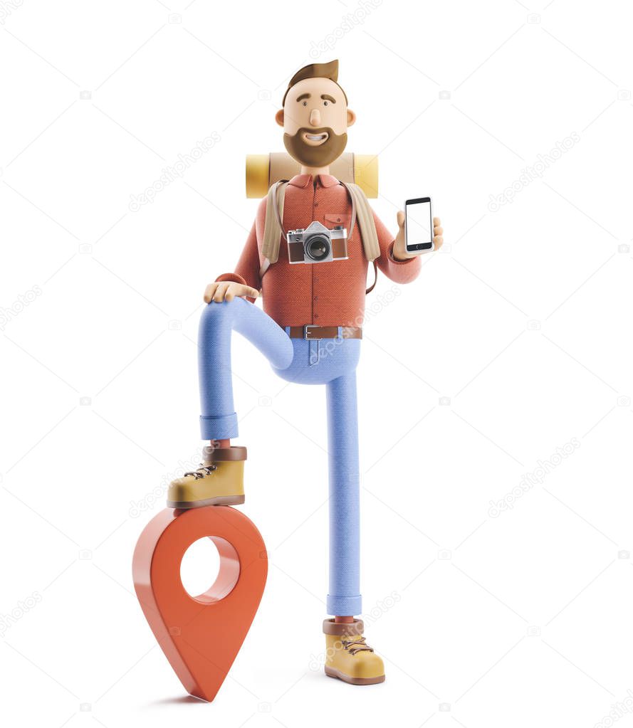 Cartoon character tourist stands with a large map pointer and phone in his hands. 3d illustration.