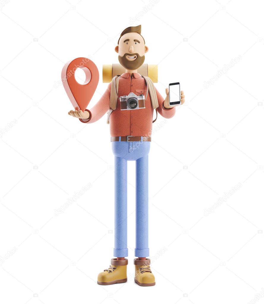 Cartoon character tourist stands with a large map pointer and phone in his hands. 3d illustration.