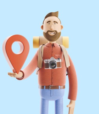 Çizgi film karakteri turist onun elinde bir büyük harita göstergesiyle birlikte duruyor. 3D çizim.