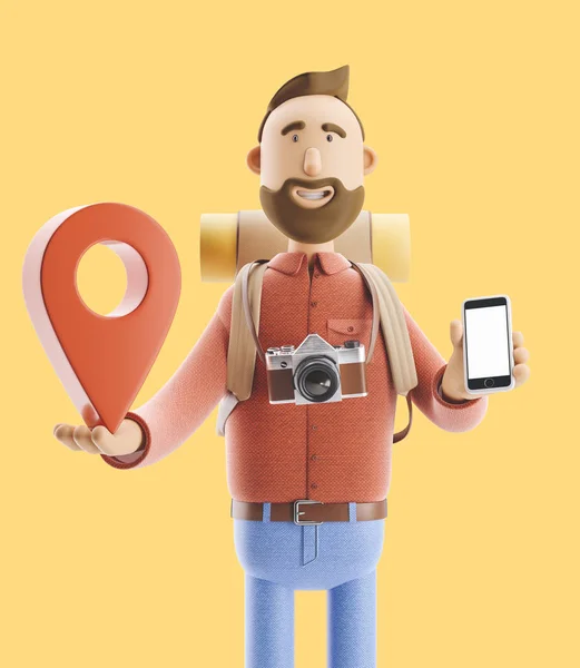 Touriste personnage de bande dessinée se tient avec un grand pointeur de carte et téléphone dans ses mains. Illustration 3d . — Photo