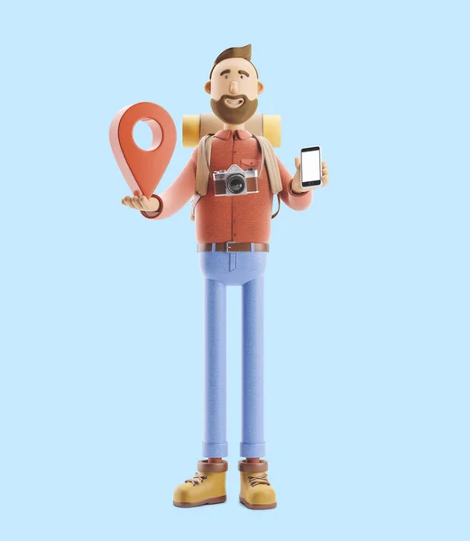 Cartoonfigur Tourist steht mit einem großen Kartenzeiger und Telefon in der Hand. 3D-Illustration. — Stockfoto