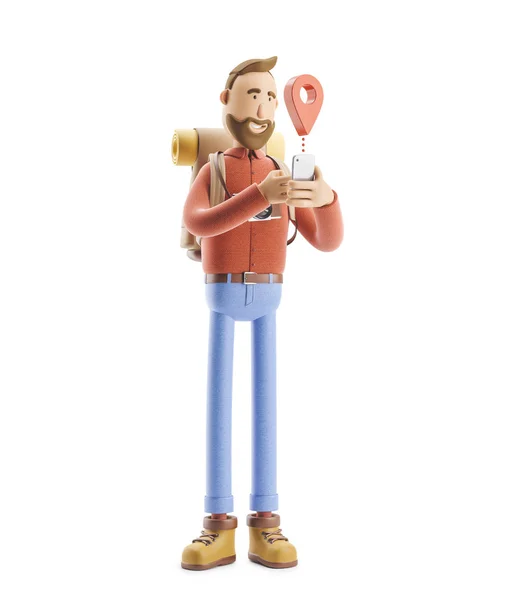 Personaje de dibujos animados turista se encuentra con un gran mapa puntero y teléfono en sus manos. ilustración 3d . — Foto de Stock