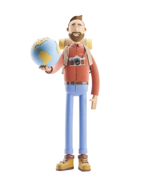 Personaje de dibujos animados puestos turísticos con un gran mapa puntero y globo. Ilustración 3d. Concepto de viajar . — Foto de Stock