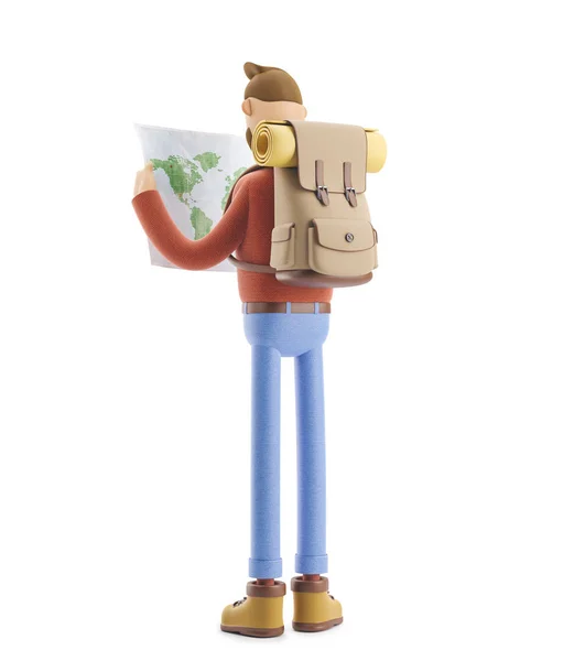 Touriste personnage de bande dessinée tient carte du monde dans les mains. Illustration 3d . — Photo