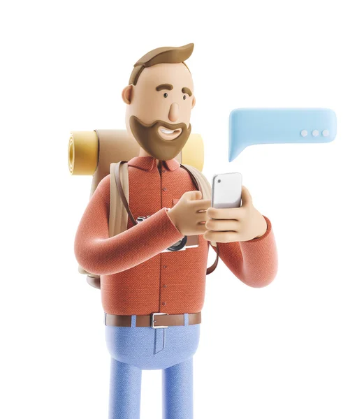 Cartoon character tourist writes a message on the phone. 3d illustration. — Stock Photo, Image