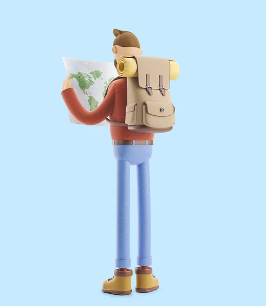 Touriste personnage de bande dessinée tient carte du monde dans les mains. Illustration 3d . — Photo