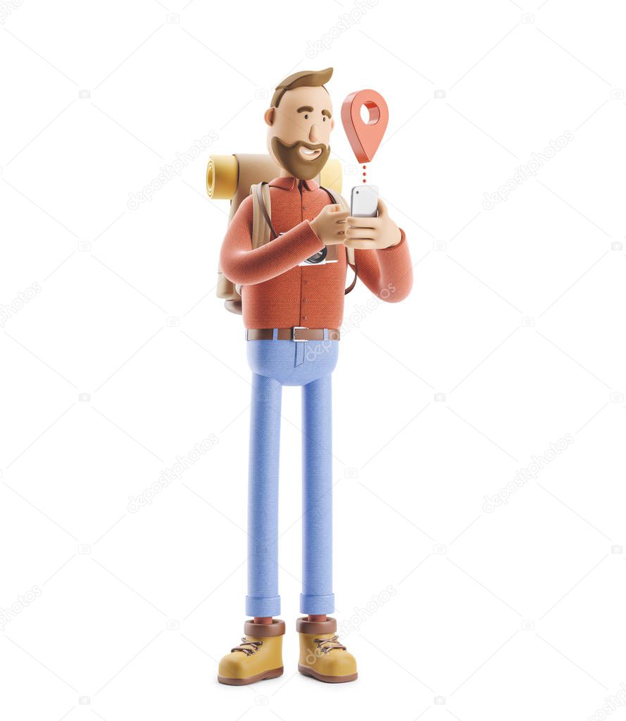 Cartoon character tourist stands with a large map pointer and phone in his hands. 3d illustration.