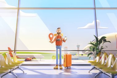 Çizgi film karakteri turistik bir büyük harita işaretçi ve havaalanında onun elinde telefon ile duruyor. 3D çizim. Seyahat için mobil uygulamalar kavramı.