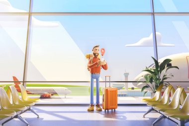 Çizgi film karakteri turistik bir büyük harita işaretçi ve havaalanında onun elinde telefon ile duruyor. 3D çizim. Seyahat için mobil uygulamalar kavramı.