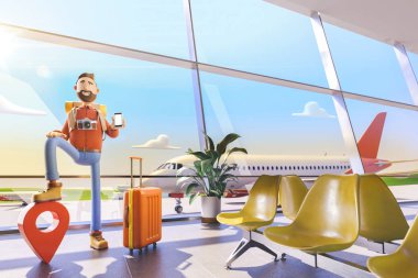 Çizgi film karakteri turistik bir büyük harita işaretçi ve havaalanında onun elinde telefon ile duruyor. 3D çizim. Seyahat için mobil uygulamalar kavramı.