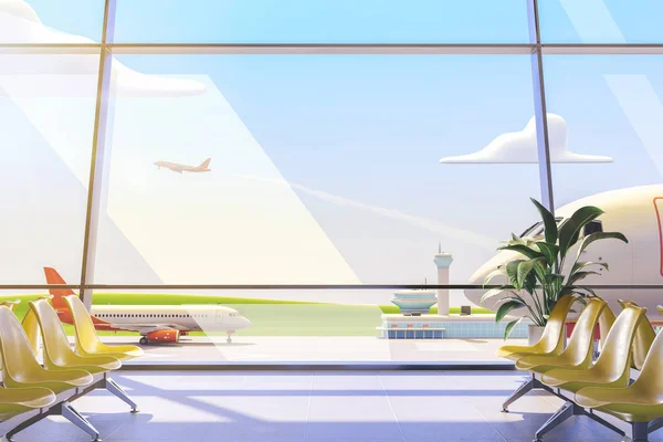 Cartoon Flughafen Terminal Lounge mit Flugzeug im Hintergrund. 3D-Illustration. — Stockfoto