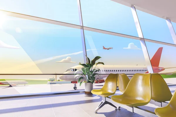 Cartoon airport terminal lounge with airplane on background. 3d illustration.