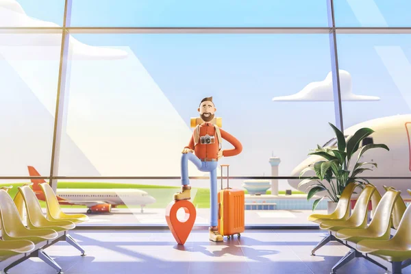 Cartoonfigur Tourist steht mit einem großen Kartenzeiger im Flughafen. 3D-Illustration. das Konzept der mobilen Reiseanwendungen. — Stockfoto