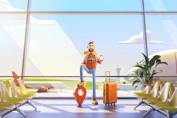 Cartoonfigur Tourist steht mit einem großen Kartenzeiger und Handy in der Hand auf dem Flughafen. 3D-Illustration. das Konzept der mobilen Reiseanwendungen. — Stockfoto