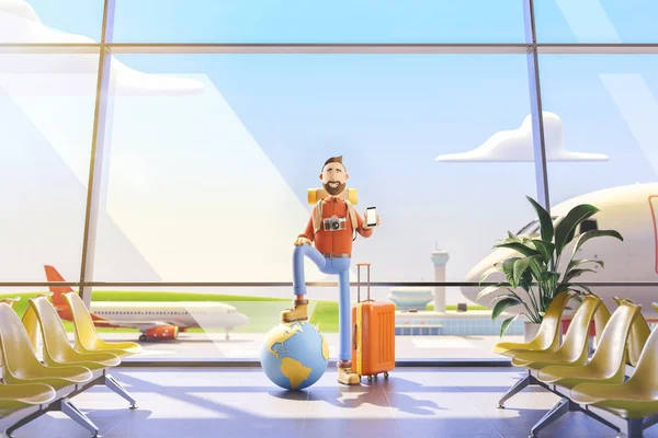 Cartoon-Charakter Touristen hält die ganze Welt auf der Palme im Flughafen. 3D-Illustration. Weltreisenkonzept. — Stockfoto