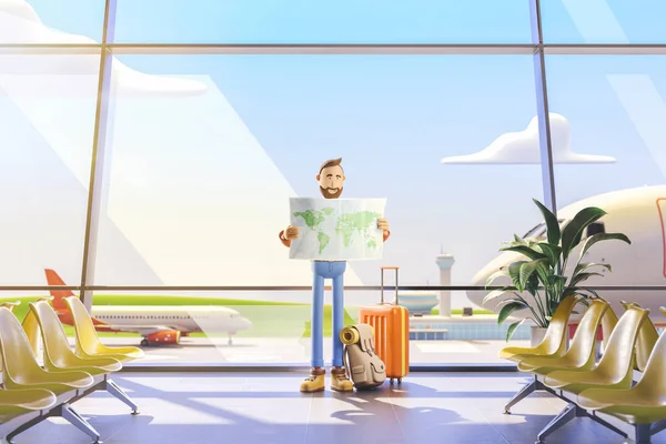 Cartoonfigur Tourist hält am Flughafen Weltkarte in den Händen. 3D-Illustration. — Stockfoto