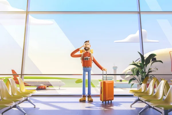 Zeichentrickfigur Touristen grüßt auf dem Flughafen. 3D-Illustration. — Stockfoto