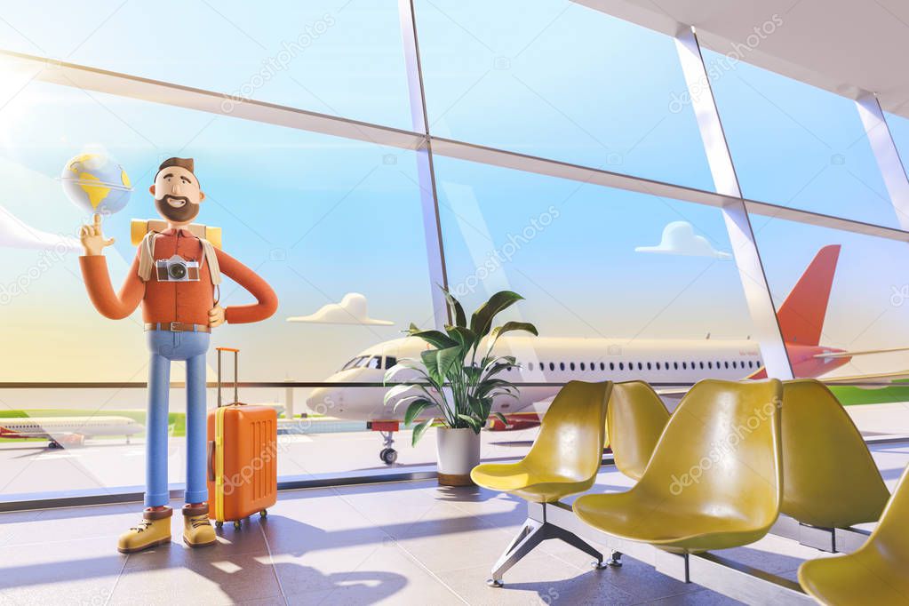 Cartoon character tourist keeps the whole world on the palm in airport. 3d illustration. World travel concept.