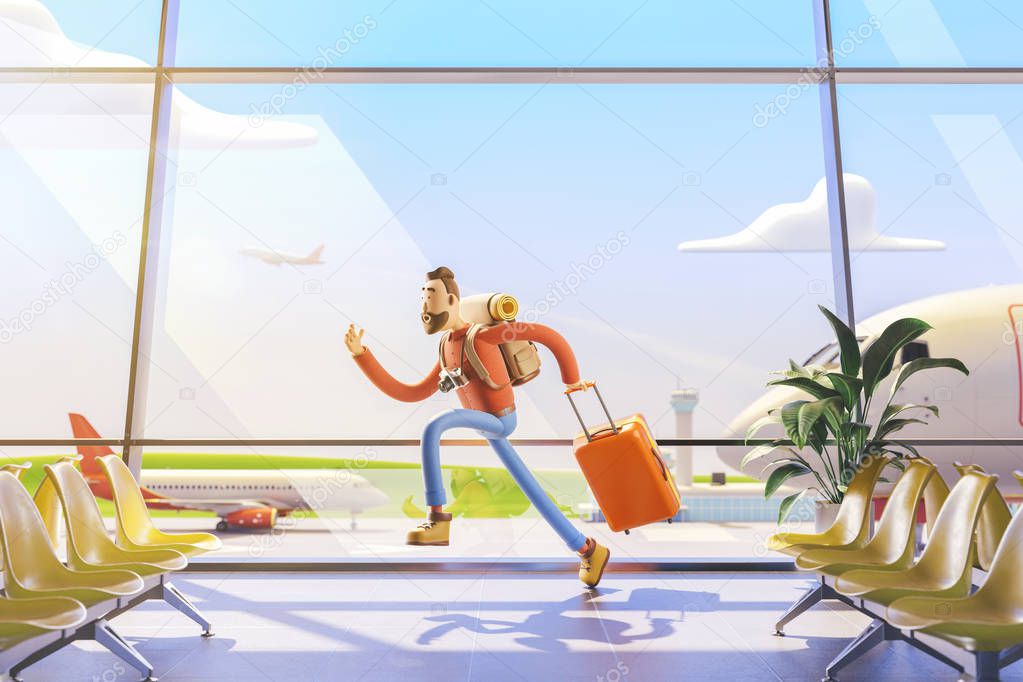 Cartoon character tourist late for flight in airport. 3d illustration.