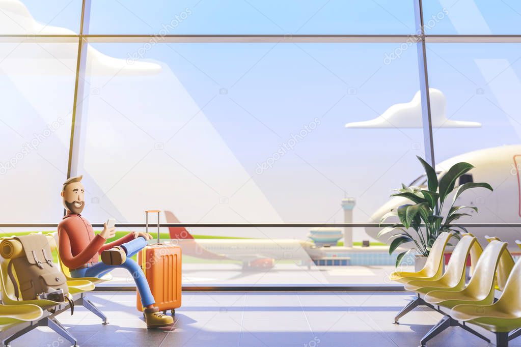 Cartoon character tourist sits with hand phones in airport. 3d illustration. A man is waiting for his flight in the airport lobby