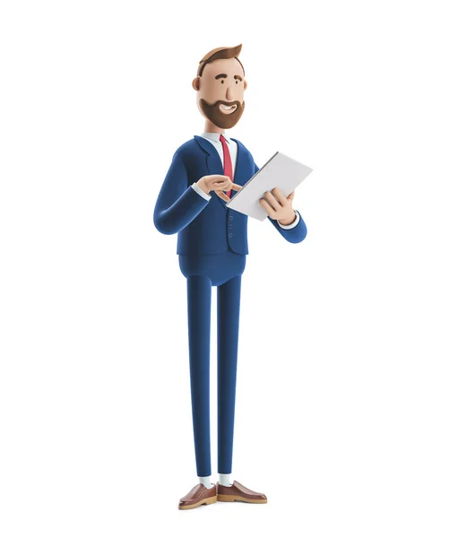 Ilustracja 3D. Biznesmen trzyma notebooka i uśmiechając się — Zdjęcie stockowe