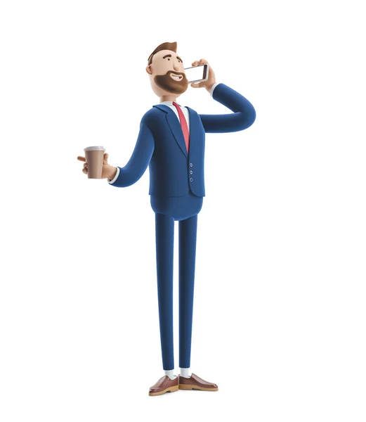 Ilustracja 3D. Biznesmen rozmawia przez telefon i przytrzymując kawy — Zdjęcie stockowe