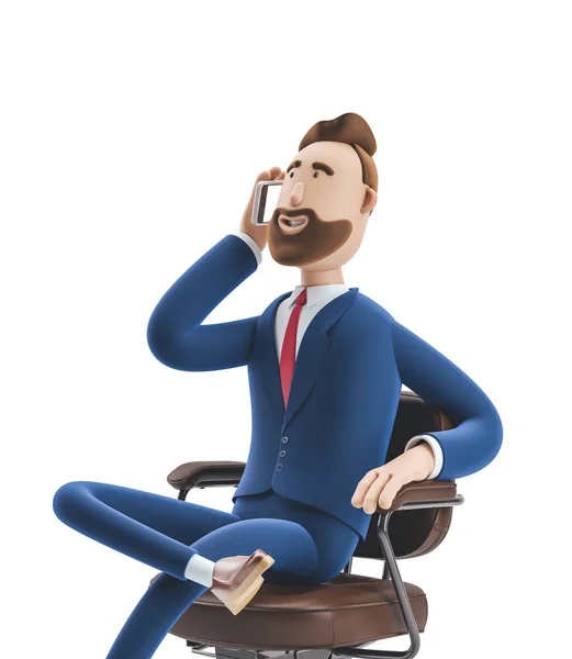 Ilustracja 3D. Portret przystojny biznesmen, siedząc na fotelu biurowym i rozmowy na telefon — Zdjęcie stockowe