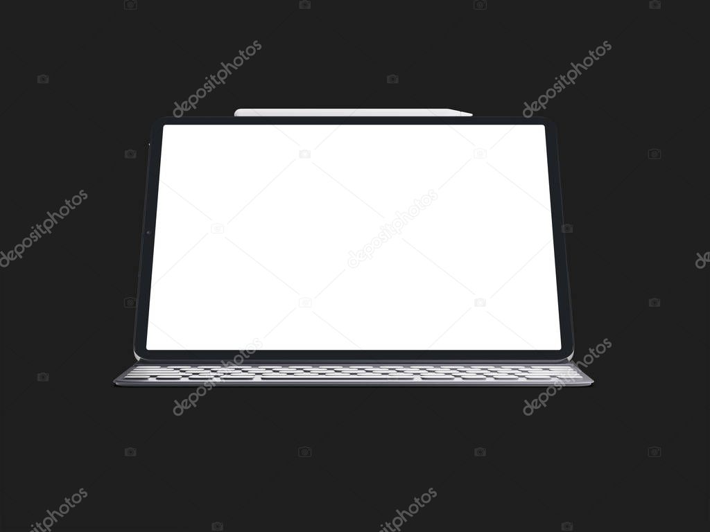 Blank screen tablet on black background. Isolated ipad. 