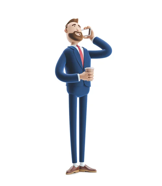 Ilustracja 3D. Biznesmen rozmawia przez telefon i przytrzymując kawy — Zdjęcie stockowe