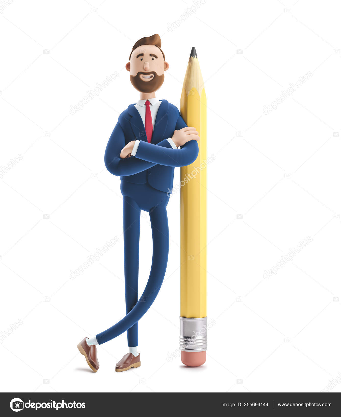 3d illustration. Businessman Billy with a big pencil. Stock