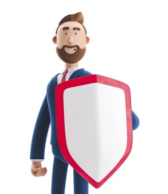 3d illustration. Businessman Billy with shield. Safety and protection in business clipart
